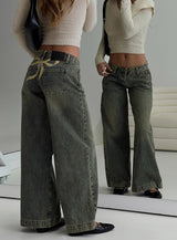 Ribbon Stamp Low Rise Wide Leg Jeans Antique Wash