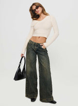 Ribbon Stamp Low Rise Wide Leg Jeans Antique Wash
