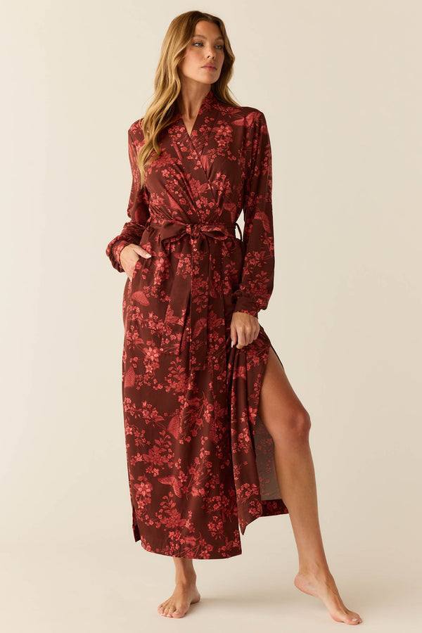 Skyler Cloud Jersey Banded Long Robe in Botanical