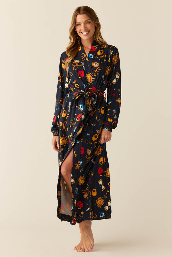 Skyler Cloud Jersey Banded Long Robe in Mystic