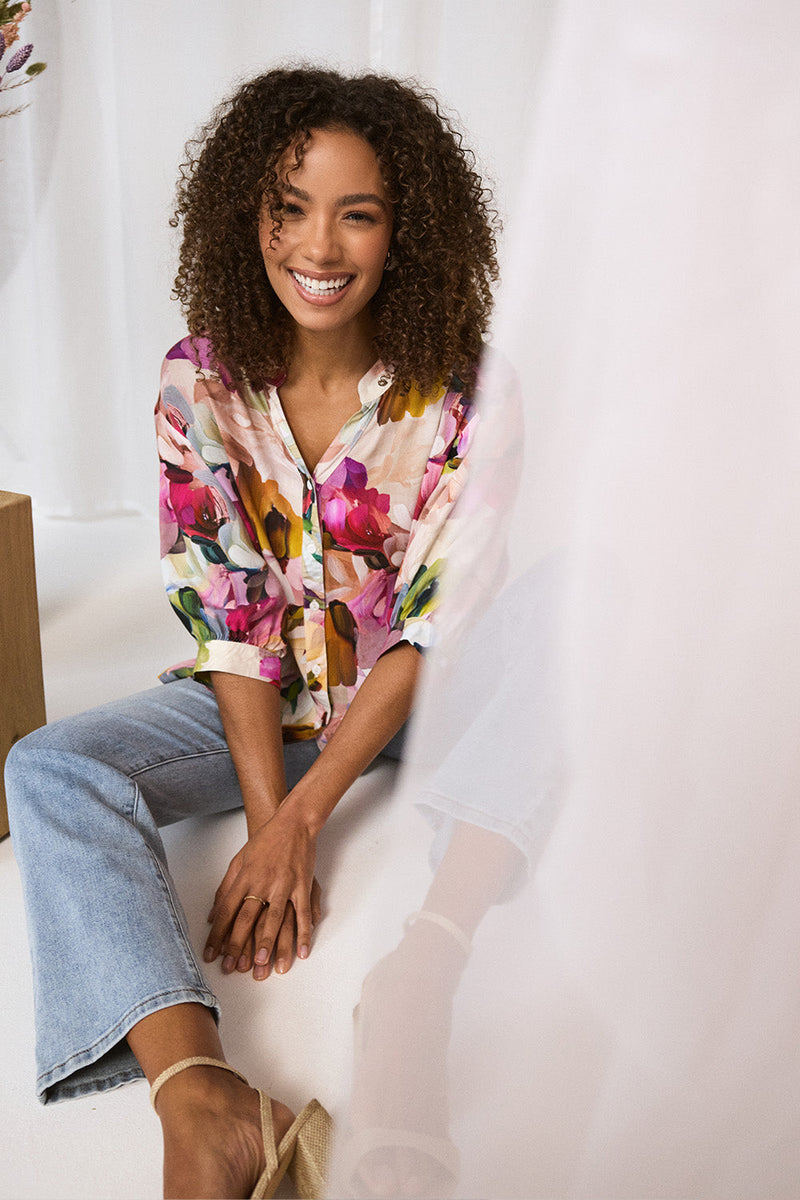 Brushstroke Print 3/4 Sleeve Shirt