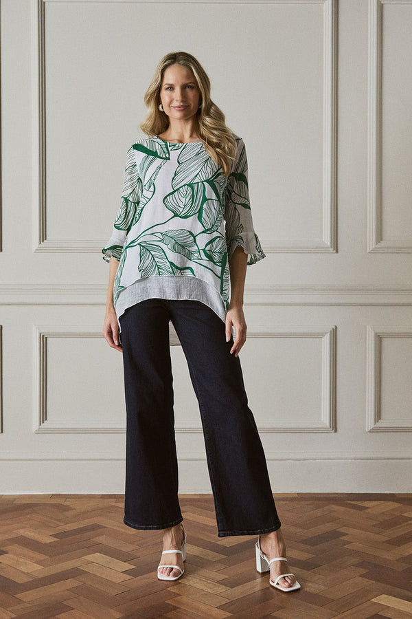 Leaf Print 3/4 Sleeve Layered Tunic Top