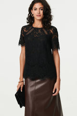 Lace Overlay Short Sleeve Blouse