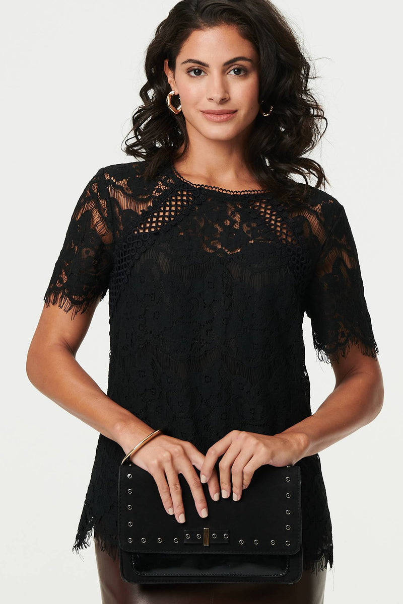 Lace Overlay Short Sleeve Blouse