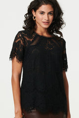 Lace Overlay Short Sleeve Blouse