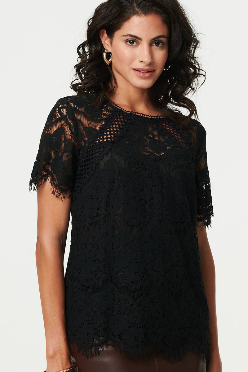 Lace Overlay Short Sleeve Blouse