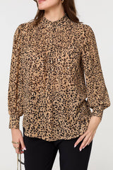 Animal Print High Neck Loose Fit Blouse