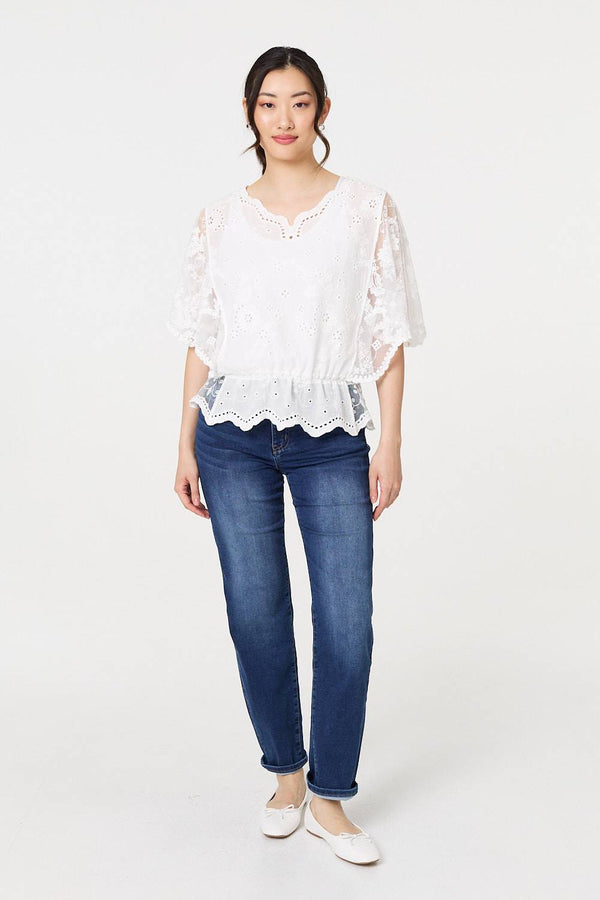 Broderie Anglaise Semi Sheer Peplum Top
