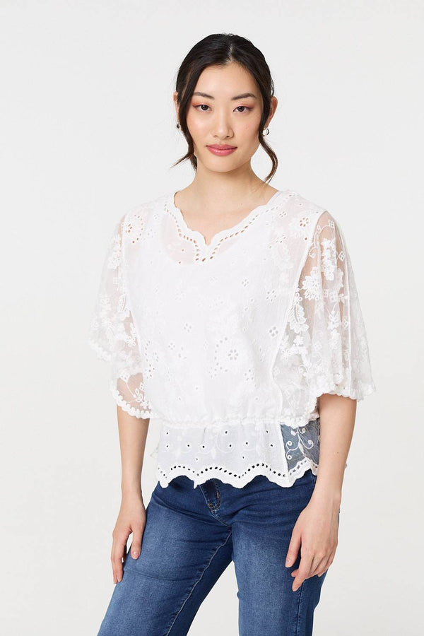 Broderie Anglaise Semi Sheer Peplum Top