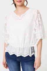 Broderie Anglaise Semi Sheer Peplum Top