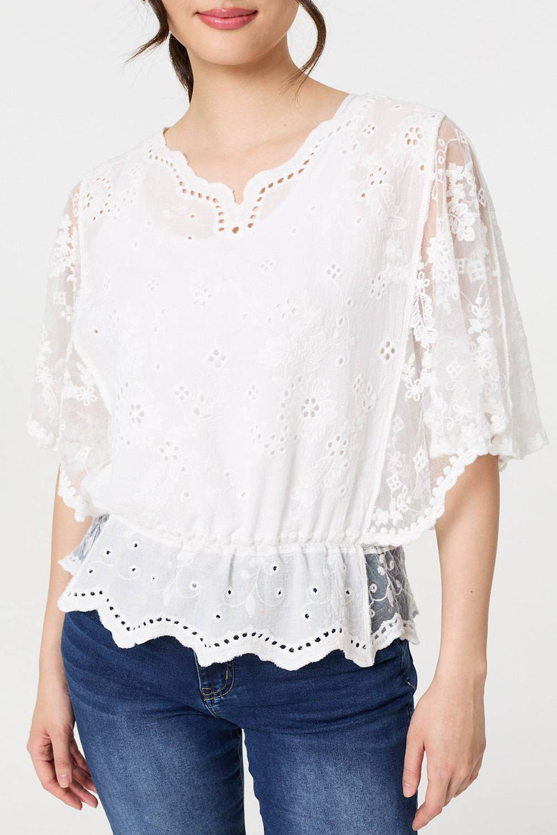 Broderie Anglaise Semi Sheer Peplum Top