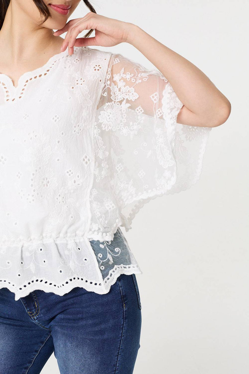 Broderie Anglaise Semi Sheer Peplum Top