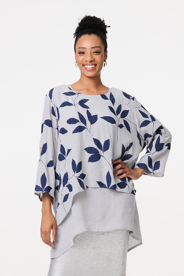 Leaf Print Longline Layered Tunic Blouse