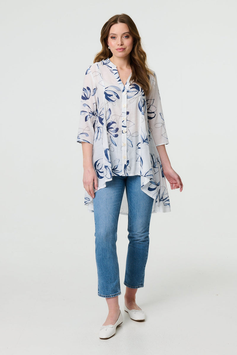 Floral High Low Relaxed Semi Sheer Blouse