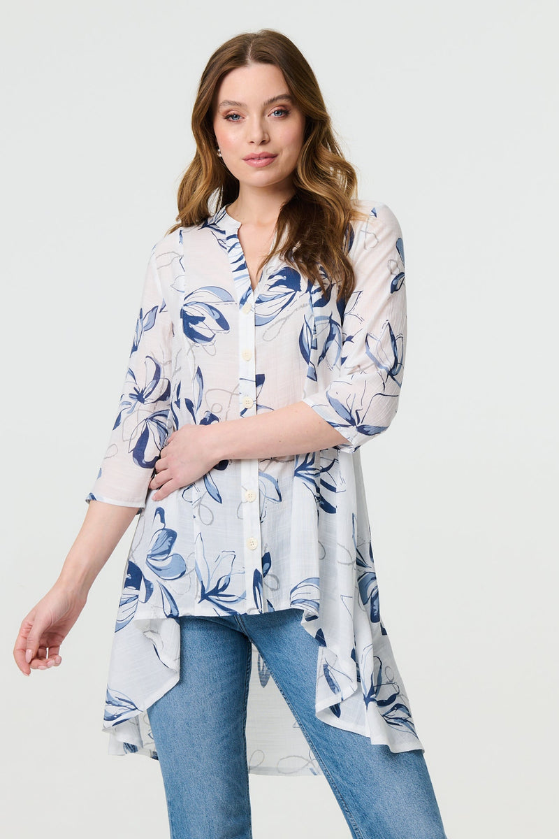 Floral High Low Relaxed Semi Sheer Blouse