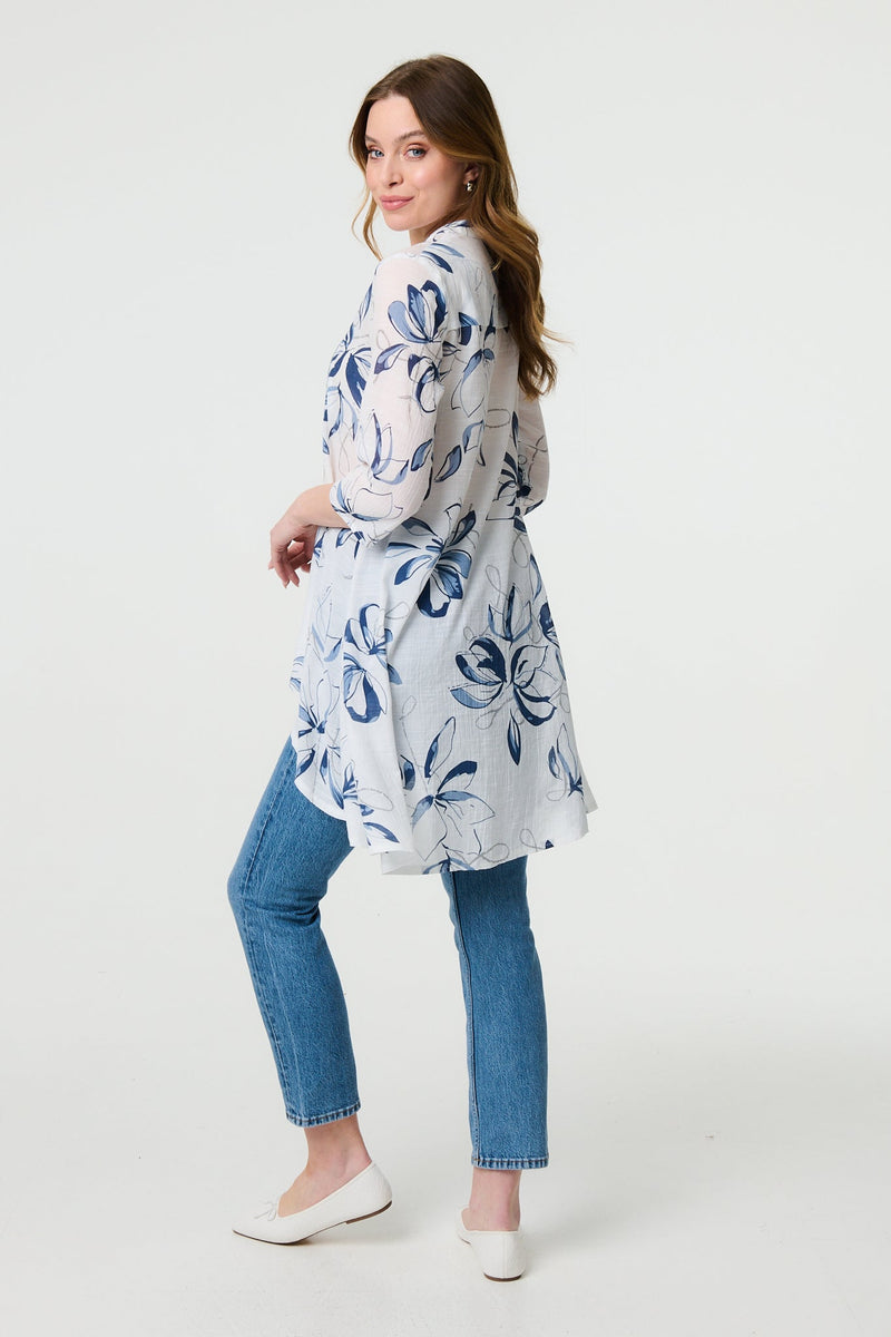 Floral High Low Relaxed Semi Sheer Blouse
