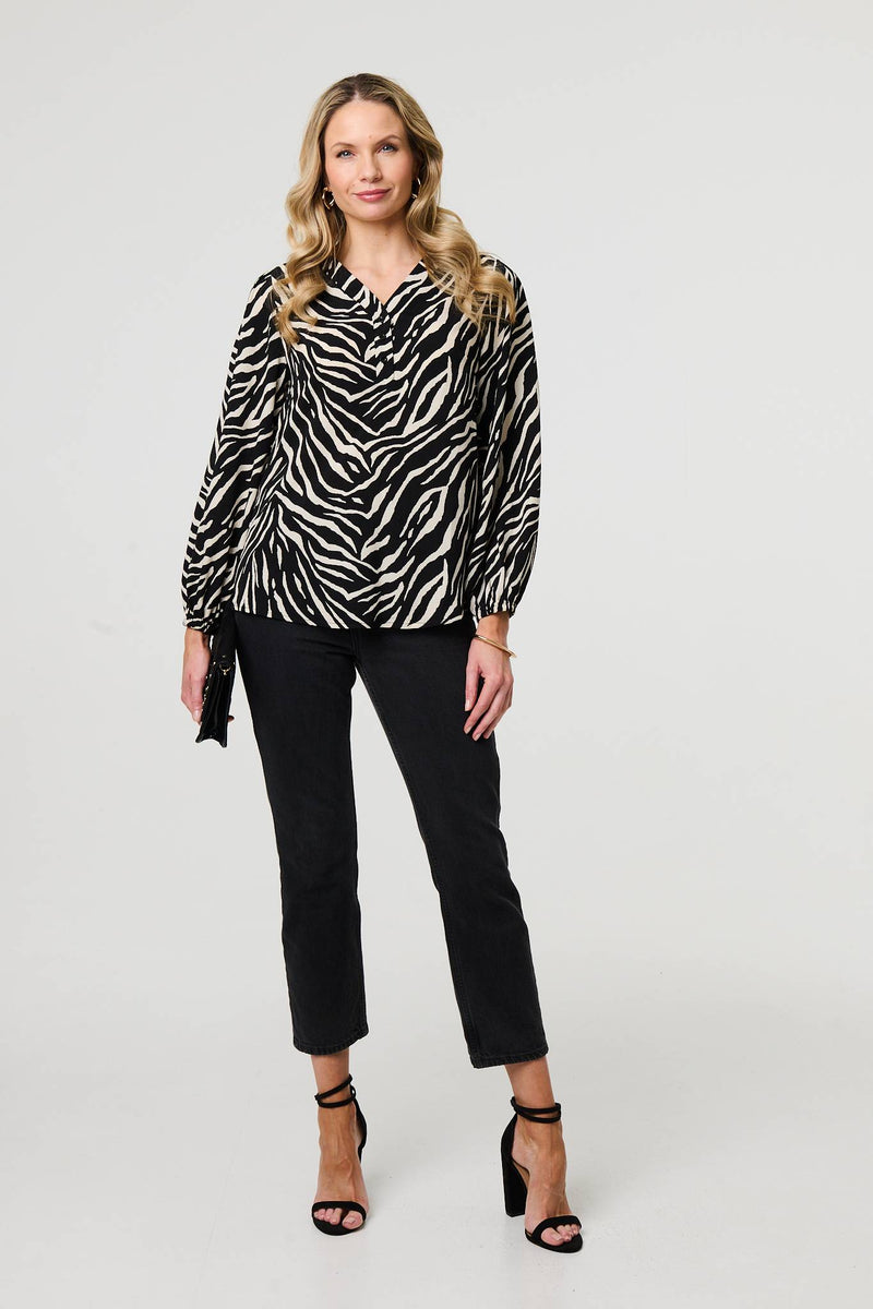Zebra Print V-Neck Long Sleeve Blouse
