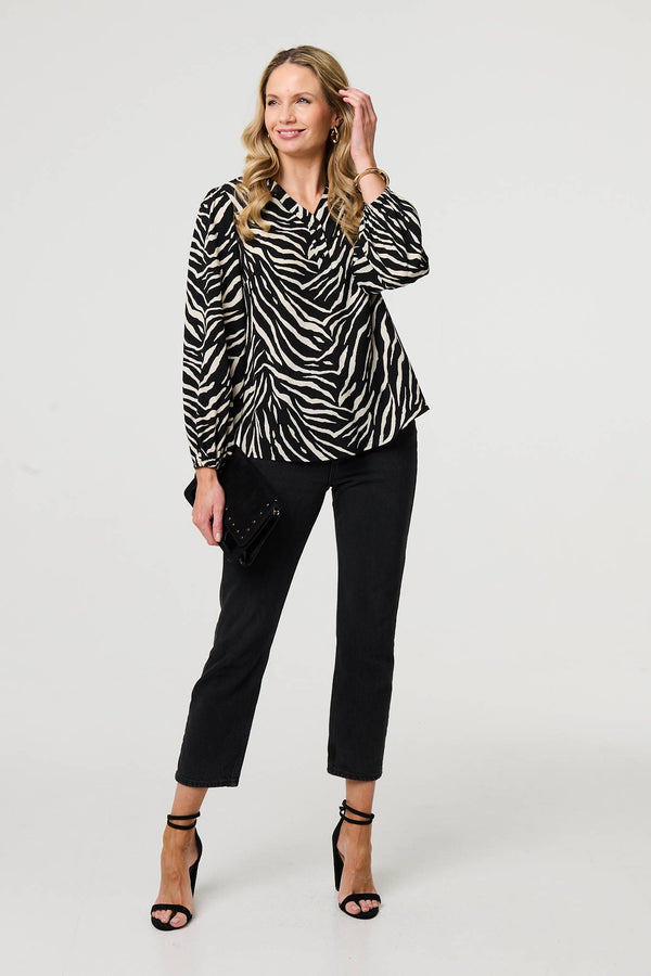 Zebra Print V-Neck Long Sleeve Blouse
