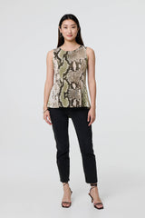 Snake Print Sleeveless Curve Hem Top