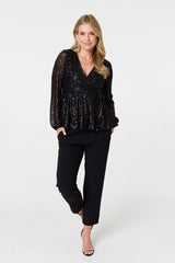Sequin Embellished Long Sleeve Peplum Top