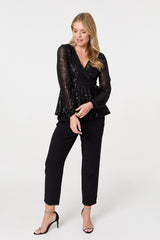 Sequin Embellished Long Sleeve Peplum Top