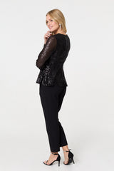 Sequin Embellished Long Sleeve Peplum Top