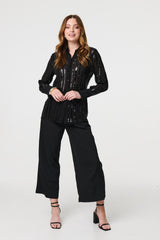 Sequin Striped Sheer Long Sleeve Shirt