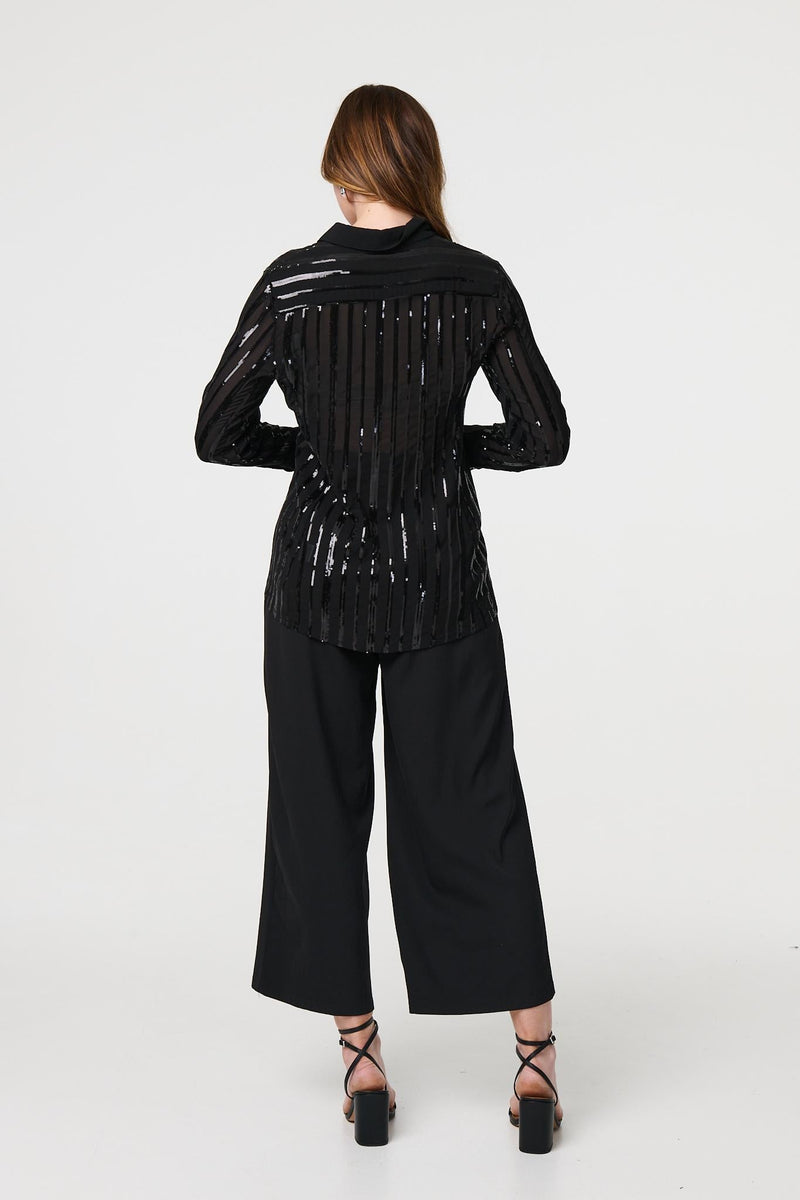 Sequin Striped Sheer Long Sleeve Shirt