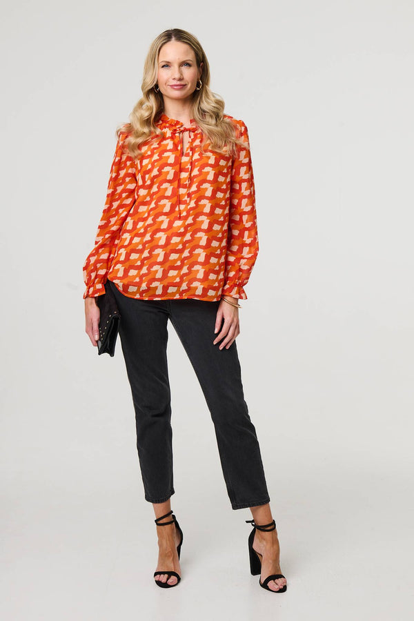 Printed Tie Neck Long Sleeve Blouse