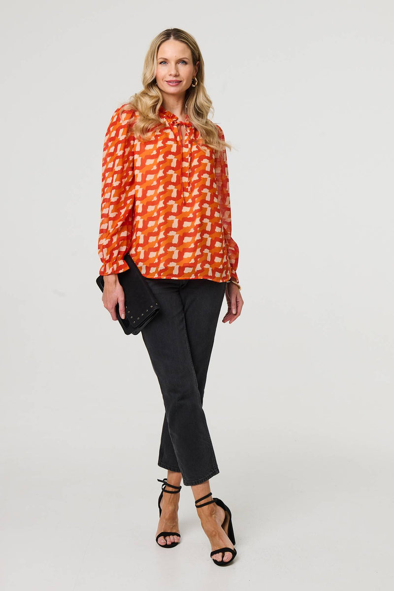 Printed Tie Neck Long Sleeve Blouse