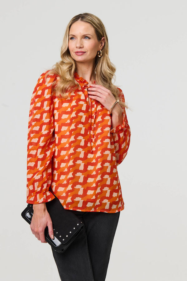Printed Tie Neck Long Sleeve Blouse