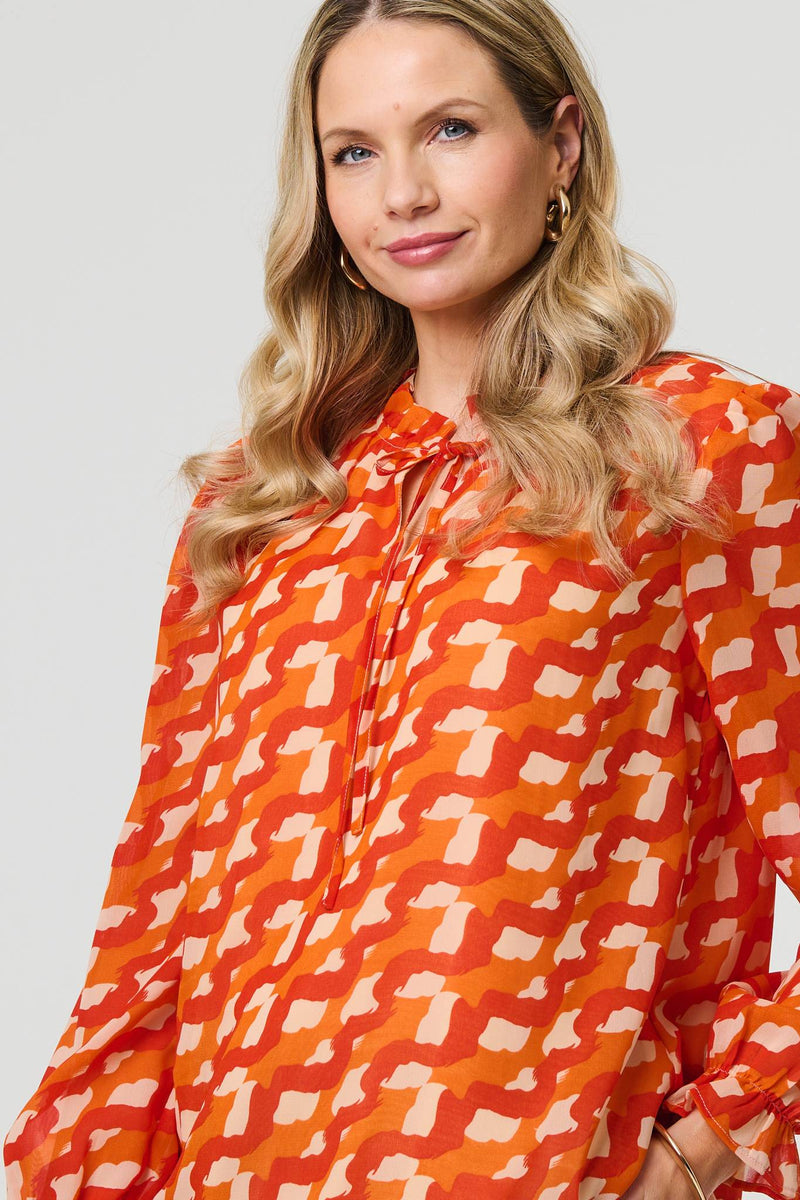 Printed Tie Neck Long Sleeve Blouse