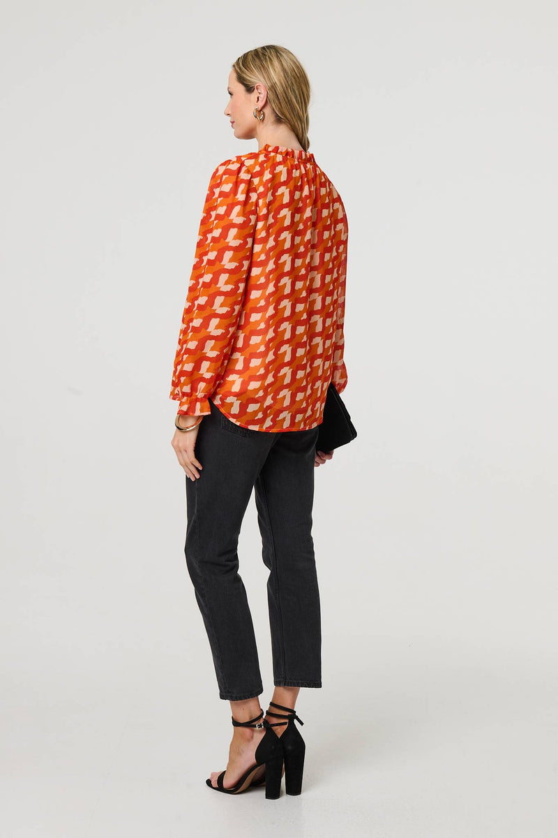 Printed Tie Neck Long Sleeve Blouse