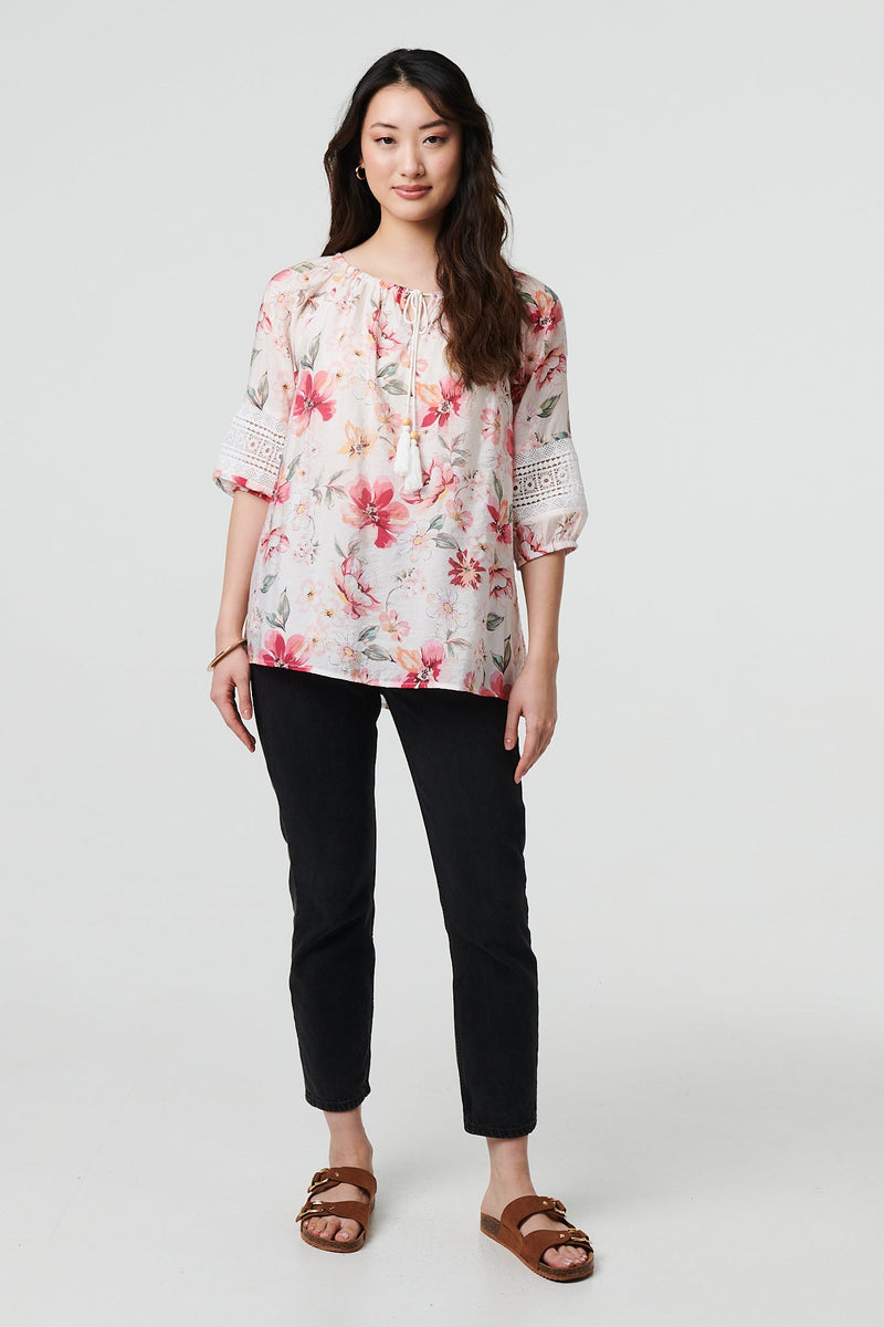Floral Lace Trim Bardot Neck Blouse