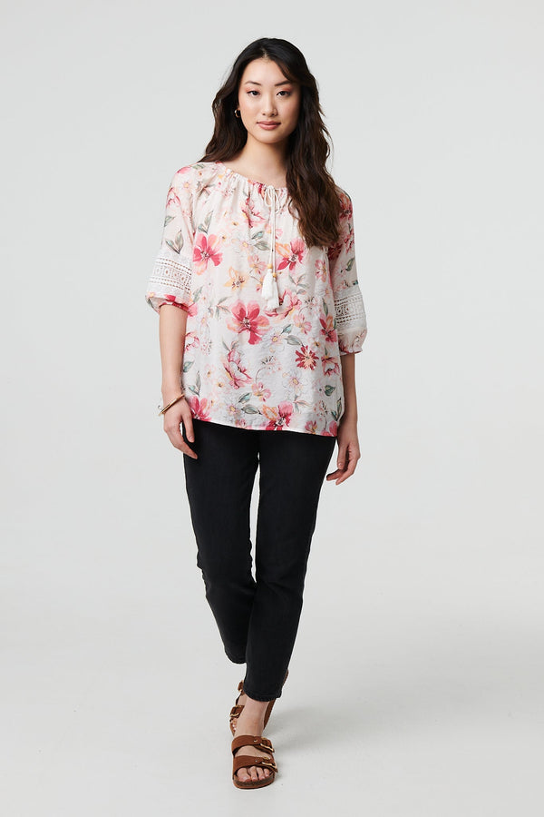 Floral Lace Trim Bardot Neck Blouse