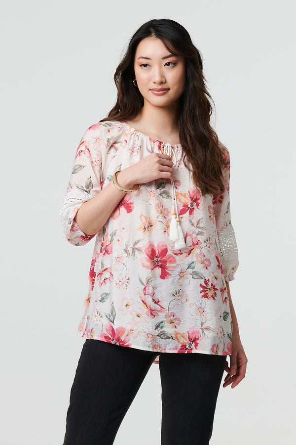Floral Lace Trim Bardot Neck Blouse