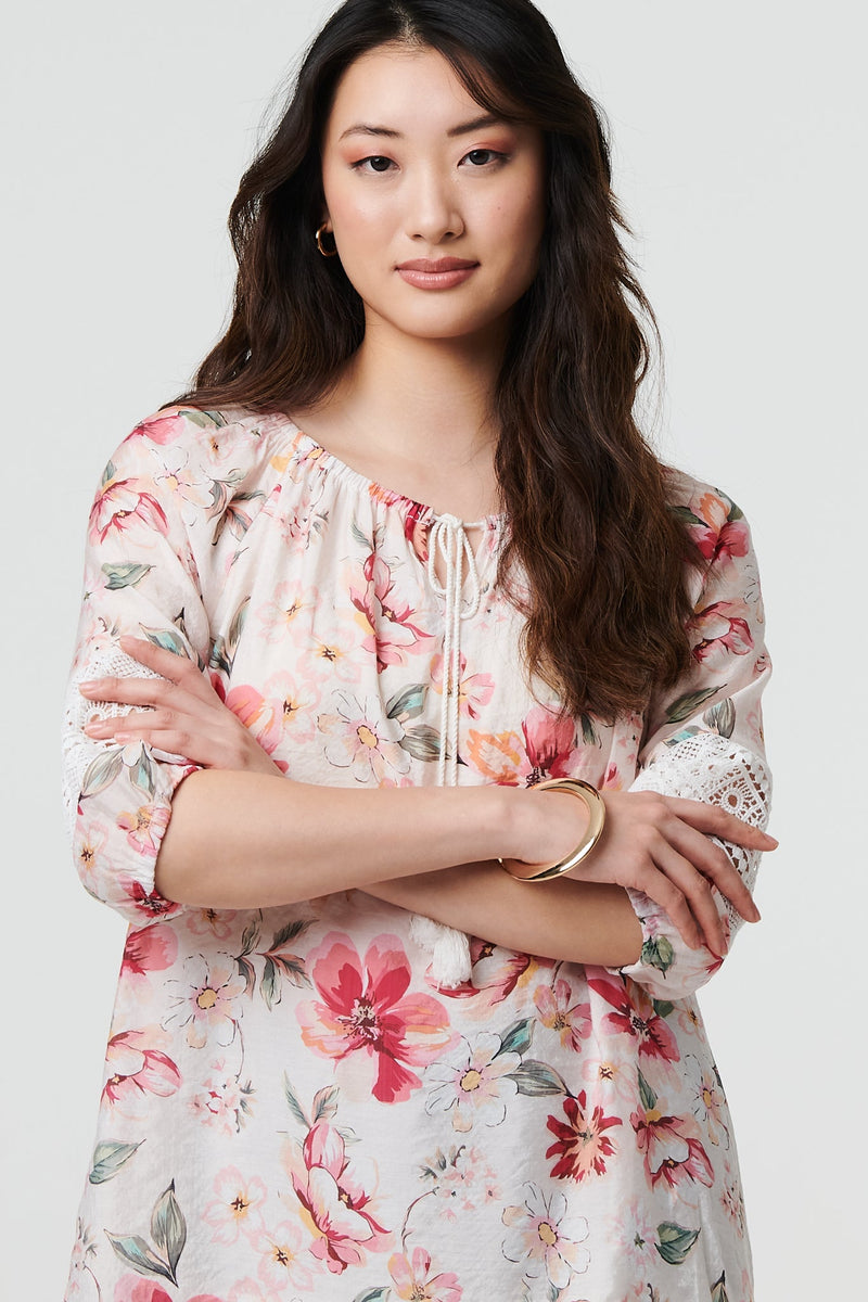 Floral Lace Trim Bardot Neck Blouse