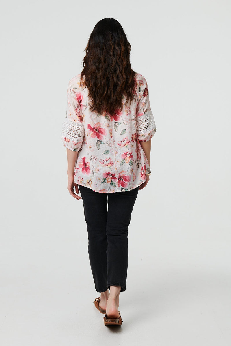 Floral Lace Trim Bardot Neck Blouse