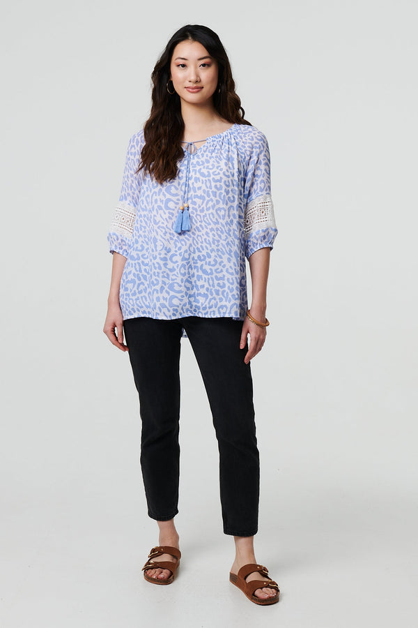 Animal Print Tassel Bardot Neck Blouse