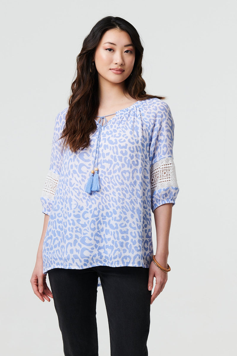 Animal Print Tassel Bardot Neck Blouse