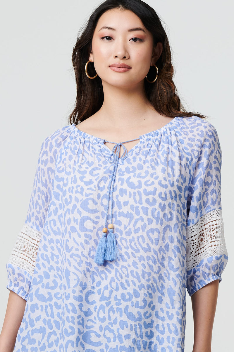 Animal Print Tassel Bardot Neck Blouse
