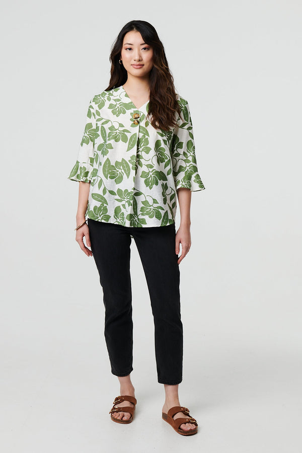 Leaf Print 3/4 Flare Sleeve Blouse