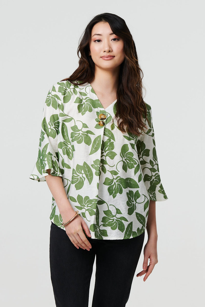 Leaf Print 3/4 Flare Sleeve Blouse