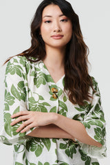 Leaf Print 3/4 Flare Sleeve Blouse