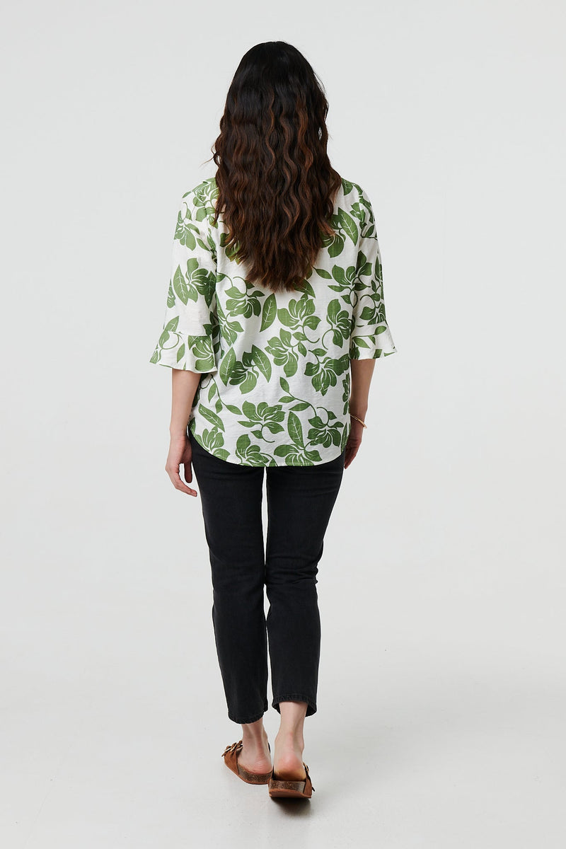 Leaf Print 3/4 Flare Sleeve Blouse
