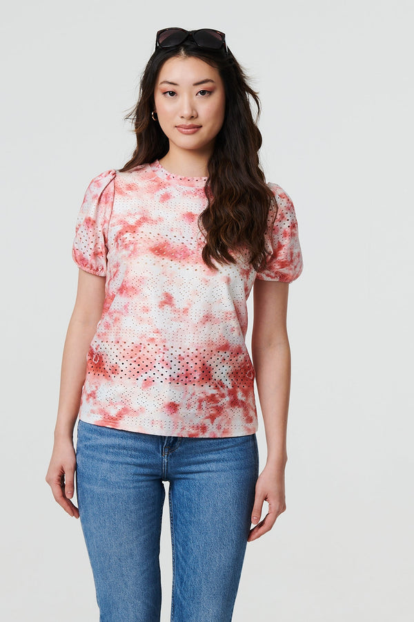Tie Dye Cut Out Texture Short Sleeve Top