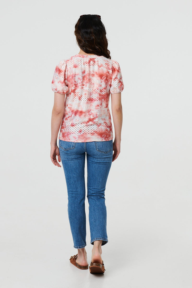 Tie Dye Cut Out Texture Short Sleeve Top