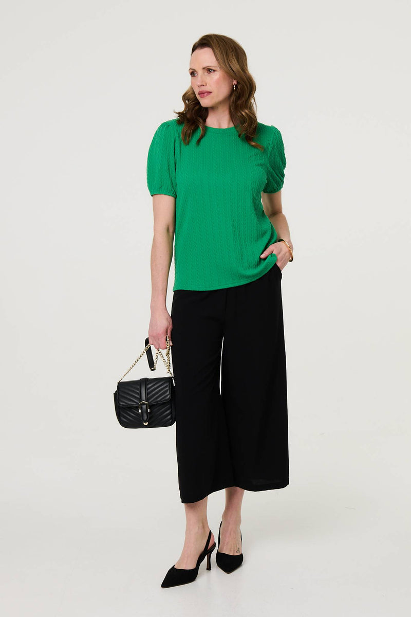 Textured Knit Short Puff Sleeve Top