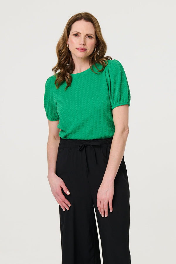 Textured Knit Short Puff Sleeve Top