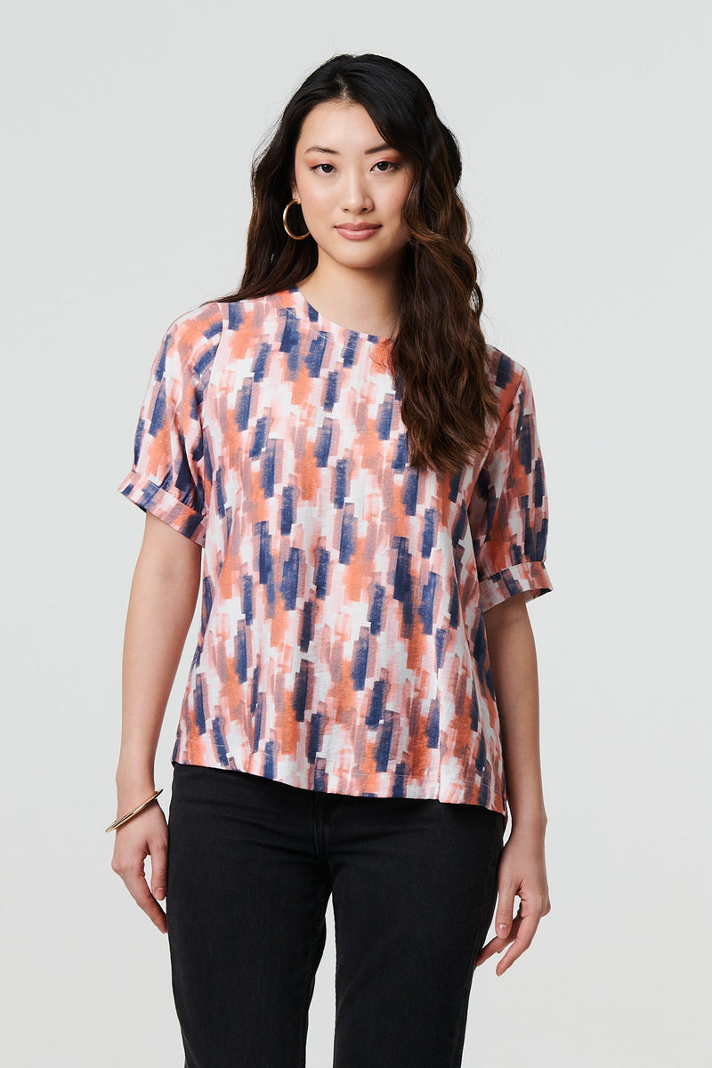 Printed 1/2 Turn-Up Sleeve Blouse